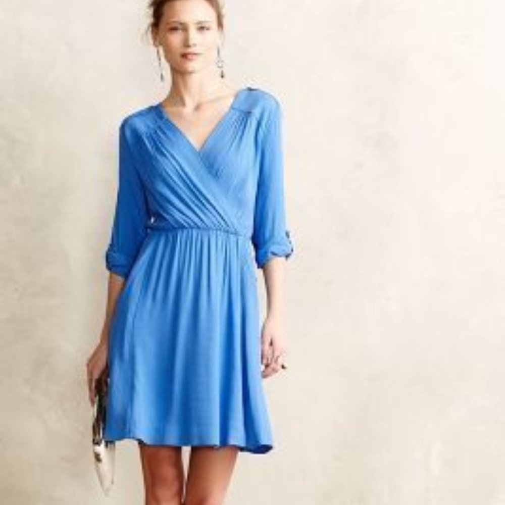 Anthropologie Maeve Lene Crepe Faux Wrap Blue Mini Dress Size L